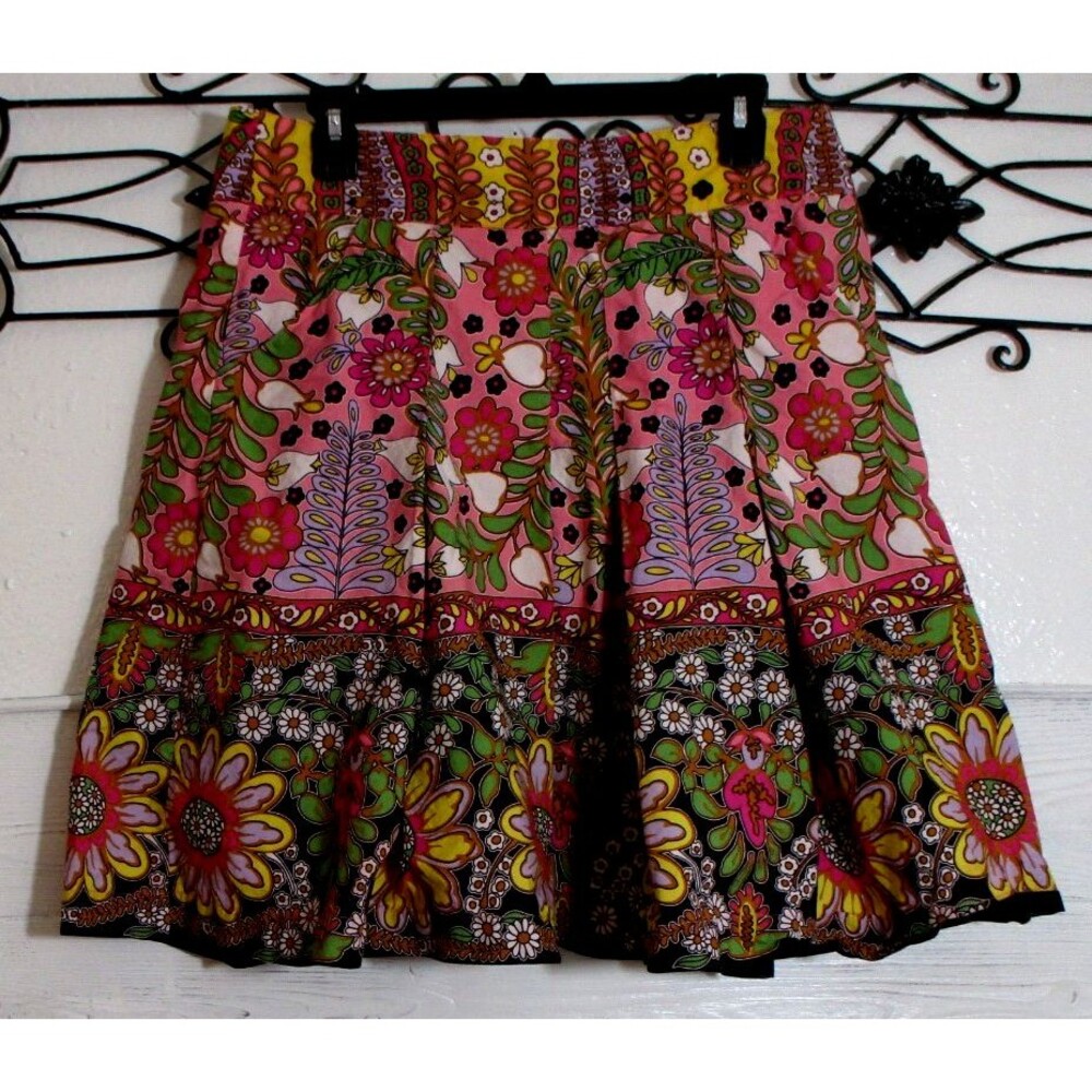 CAbi Pink Floral Mini Skirt with Green and Yellow Details